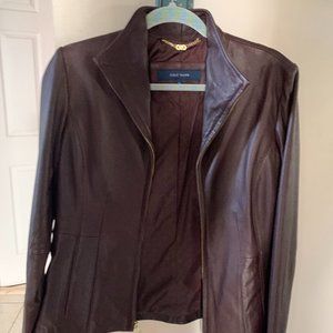 COLE HAAN Espresso Brown Lambskin Leather Gold Zip Front Jacket
